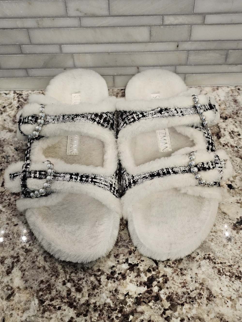 Stuart Weitzman piper chill slide Real Genuine Fur sandals 7.5 plaid tweed New